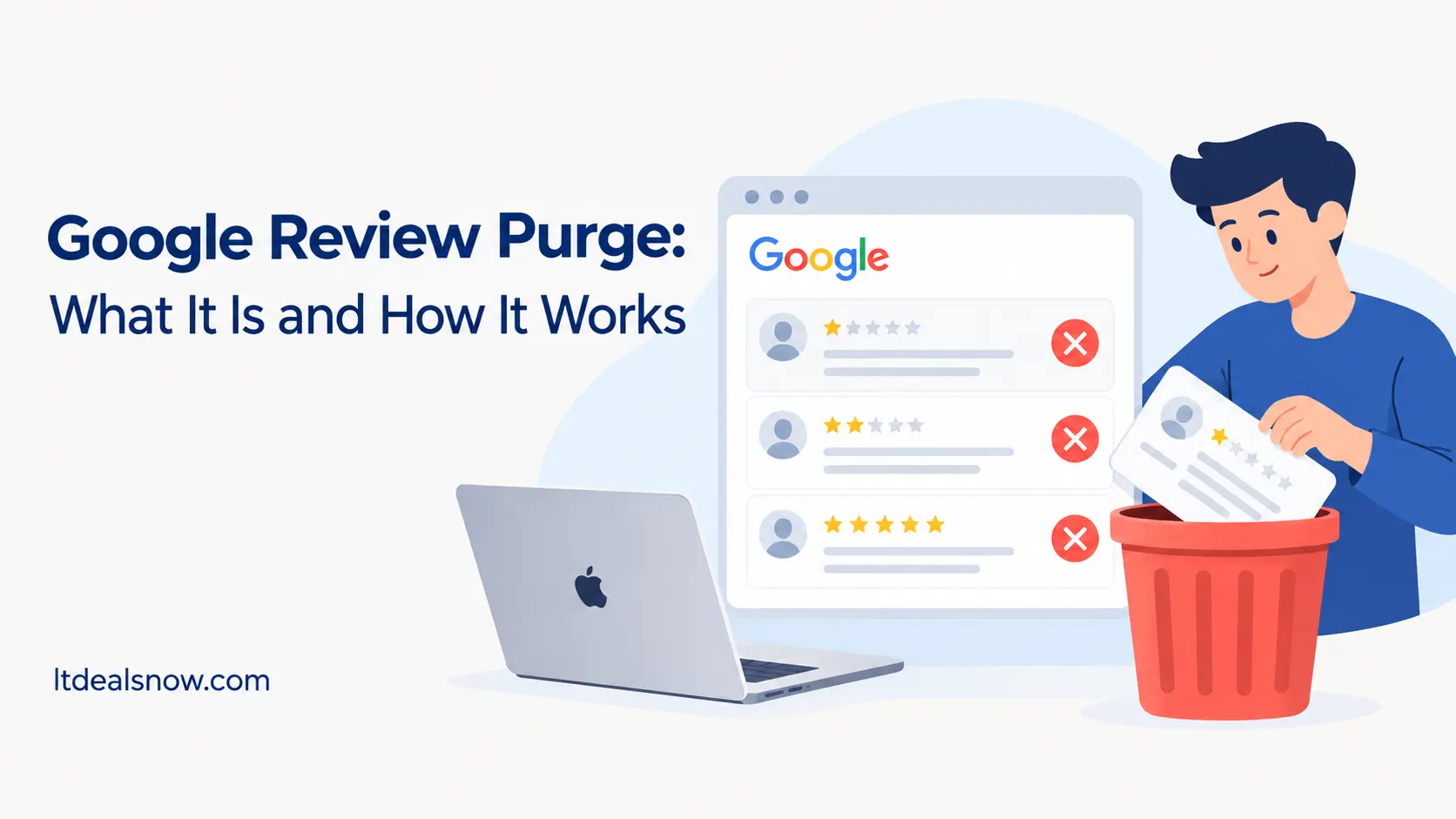 Illustration explaining Google review purge, showing deleted fake reviews and star rating drops