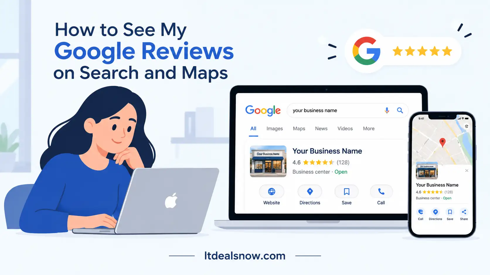 Smartphone and laptop showing user how to view and manage Google reviews on search and maps